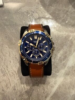 Fossil Blue Dial Chronograph with Brown Leather Strap and Gold Accents